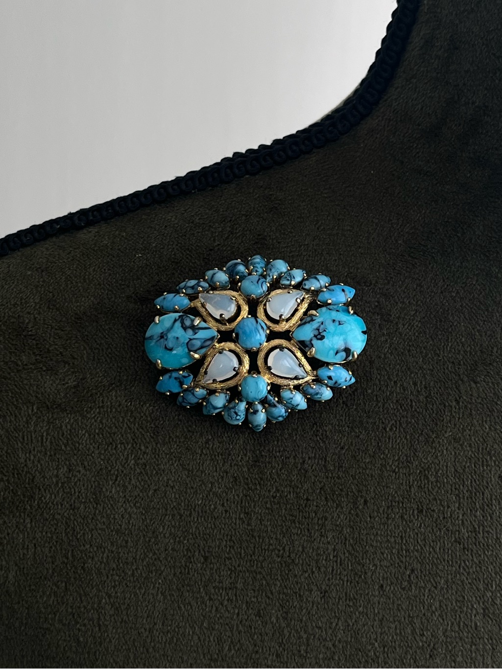 Authentic Vintage Dior 1963 Faux Turquoise Moonstone Glass Cabochon Brooch Pin